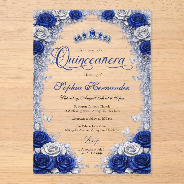 Royal Blue & Silver Quinceanera  Acrylic Invitations (Front)