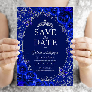 Royal Blue Silver Quinceanera Floral Save The Date