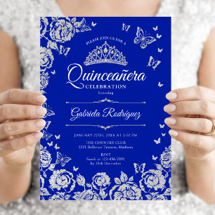 Royal Blue Silver Roses Butterflies Quinceanera Invitation