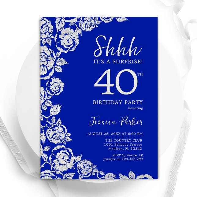 Royal Blue Silver Roses Surprise 40th Birthday Invitation (Creator Uploaded)