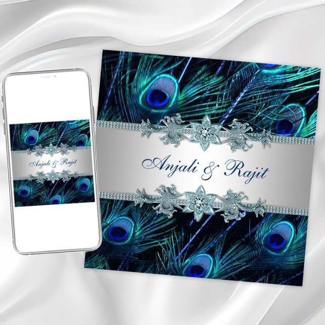 Royal Blue Silver Royal Indian Peacock Wedding Invitation (Elegant peacock wedding or any event invitation. Instant download and printed invitations available.)