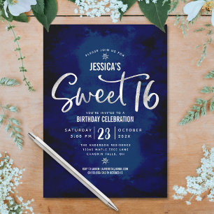 Royal Blue Silver Script Bold Sweet 16 Birthday Invitation