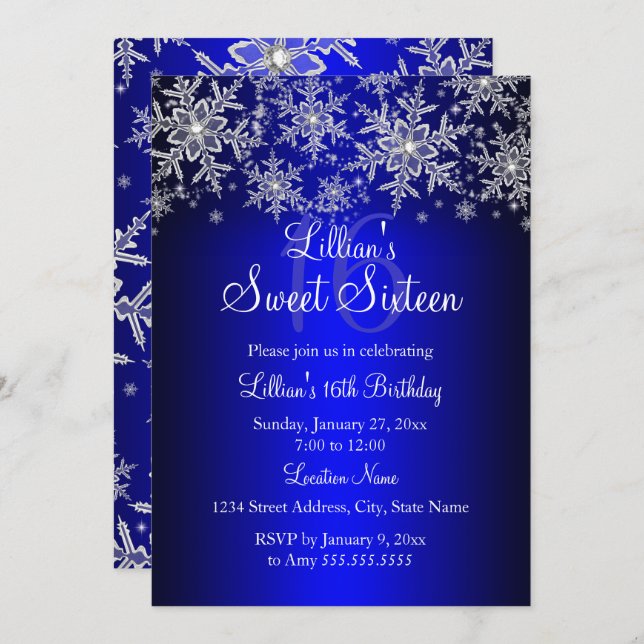 Royal Blue Silver Snowflake Sweet 16 Invitation (Front/Back)