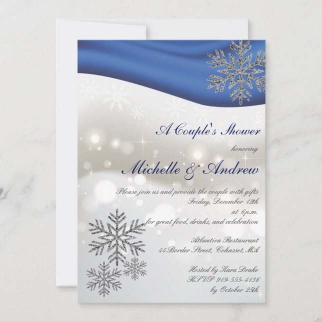 Royal Blue Silver Snowflakes Couple's Shower Invitation (Front)
