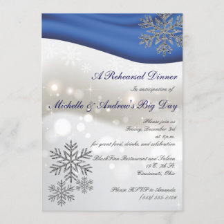 Royal Blue Silver Snowflakes Rehearsal Dinner Invitation