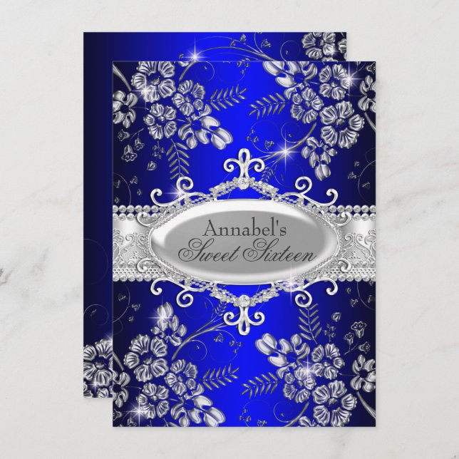 Royal Blue Silver Sparkle Flower Sweet 16 Invite (Front/Back)