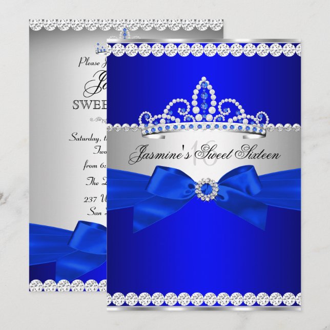 Royal Blue & Silver Sweet 16 Birthday Party Invitation (Front/Back)