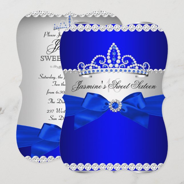 Royal Blue & Silver Sweet 16 Birthday Party Invitation (Front/Back)