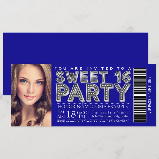 Royal Blue Silver Sweet 16 Ticket Invitation (Front/Back)