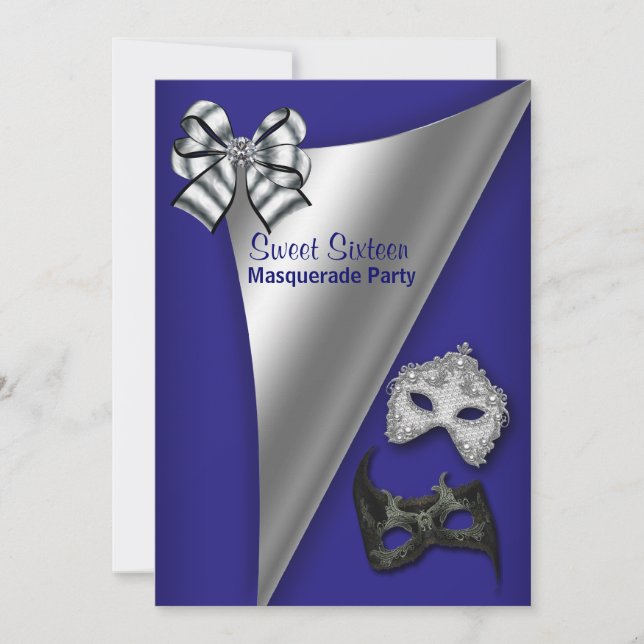 Royal Blue Silver Sweet Sixteen Masquerade Party Invitation (Front)