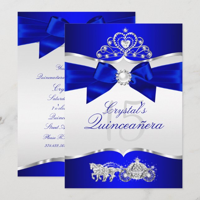 Royal Blue Silver Tiara Pearl Bow Quinceanera Invitation (Front/Back)