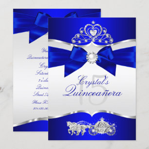 Royal Blue Silver Tiara Pearl Bow Quinceanera Invitation