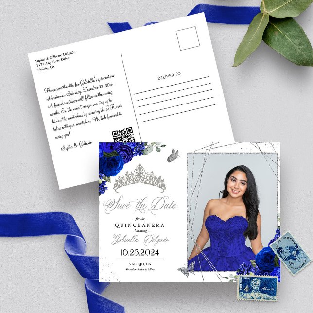 Royal Blue & Silver Tiara Quinceañera Photo Postcard (Creator Uploaded)
