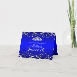 Royal Blue & Silver Tiara Sweet 16 Thank You Card