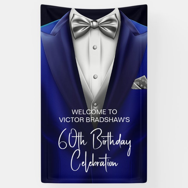 Royal Blue Silver Tuxedo Birthday Party Welcome  Banner (Vertical)
