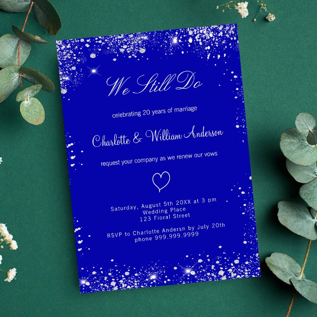 Royal blue silver vow renewal wedding invitation postcard (Creator Uploaded)