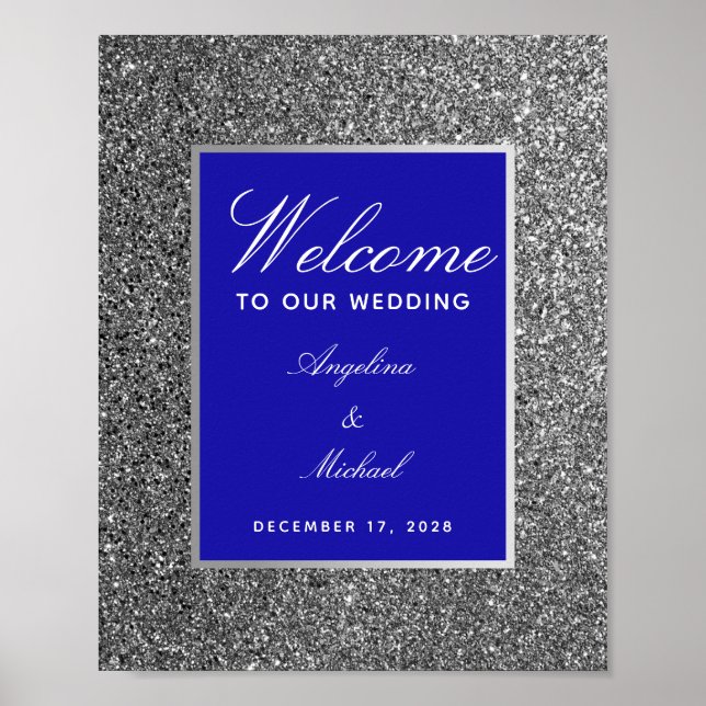 Royal Blue Silver Wedding Welcome Poster (Front)