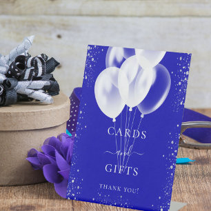 Royal blue silver white balloons cards gifts pedestal sign