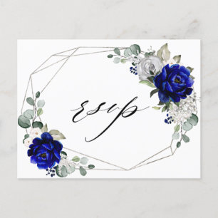 Royal blue Silver White Geometric RSVP Postcard