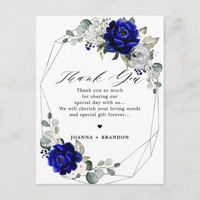Royal blue silver white Geometric Wedding Thank Yo Postcard (Front)