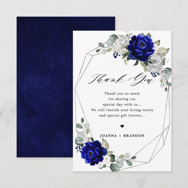 Royal blue silver white Geometric Wedding Thank You Card (Front/Back)