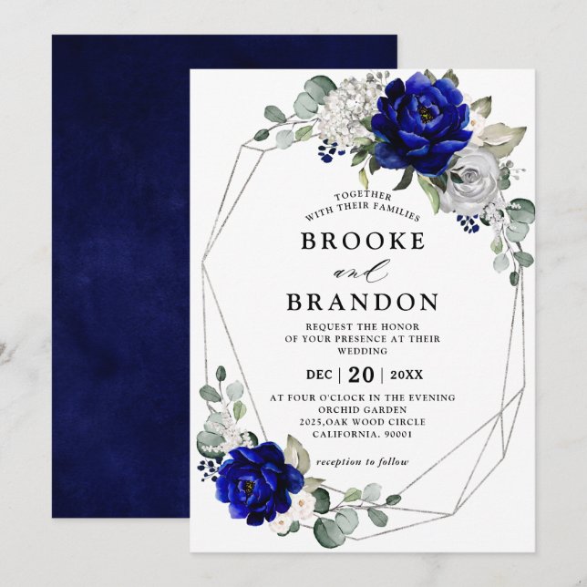 Royal Blue Silver White Ivory Geometric Wedding Invitation (Front/Back)