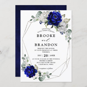 Royal Blue Silver White Ivory Geometric Wedding Invitation