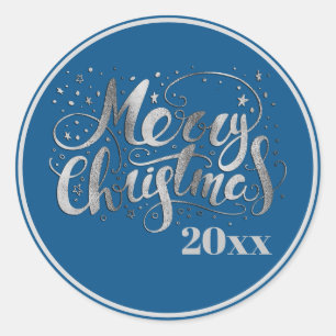 Royal Blue Silver White Merry Christmas Classic Round Sticker
