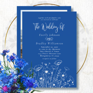 Royal Blue Simple White Wildflower Floral Wedding Invitation