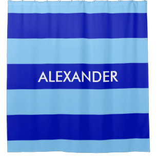 Royal Blue Sky Blue Bold H Stripe #3 Monogram Shower Curtain