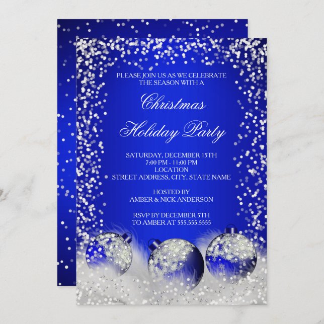 Royal Blue Snow Bauble Christmas Holiday Party Invitation (Front/Back)