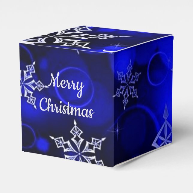 Royal Blue Snowflake Motif Cube Favour Box (Front Side)