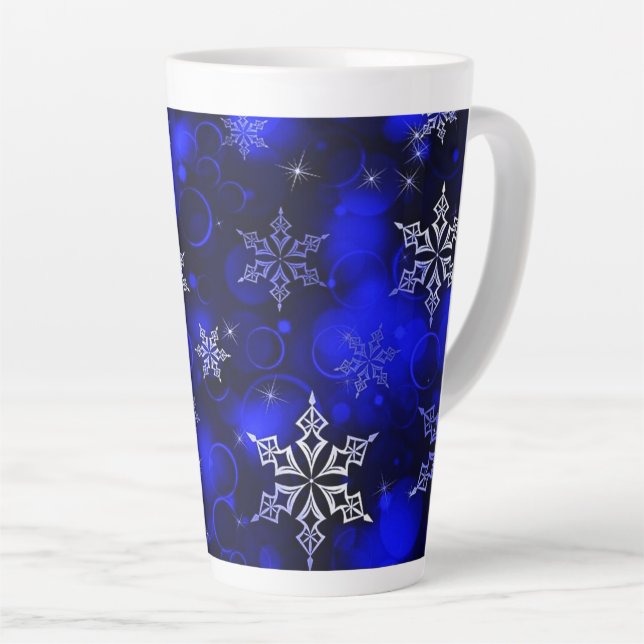 Royal Blue Snowflake Motif Latte Mug (Right Angle)