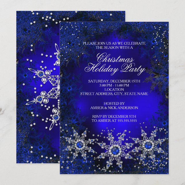 Royal Blue Snowflakes Christmas Holiday Party Invitation (Front/Back)