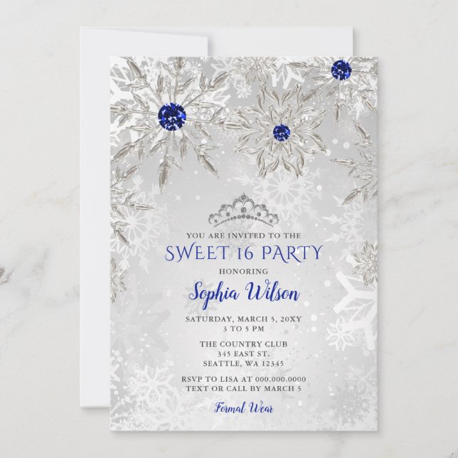Royal Blue Snowflakes Tiara Sweet 16 Invitation (Front)