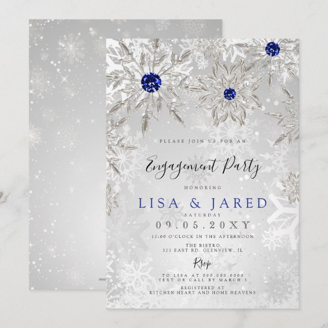 Royal Blue Snowflakes Winter Engagement Party   Invitation (Front/Back)