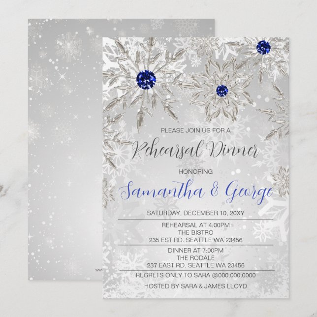 Royal Blue Snowflakes Winter Rehearsal Dinner  Invitation (Front/Back)
