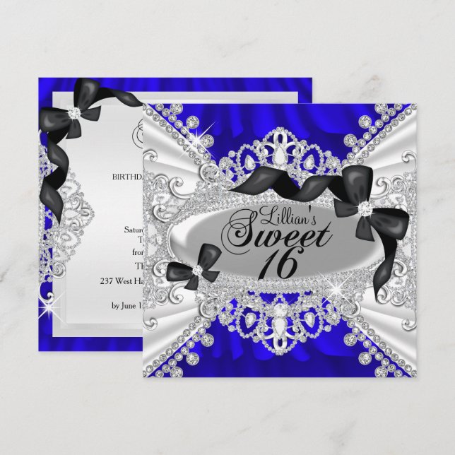 Royal Blue Sparkle Diamond & Bow Sweet 16 Invite (Front/Back)