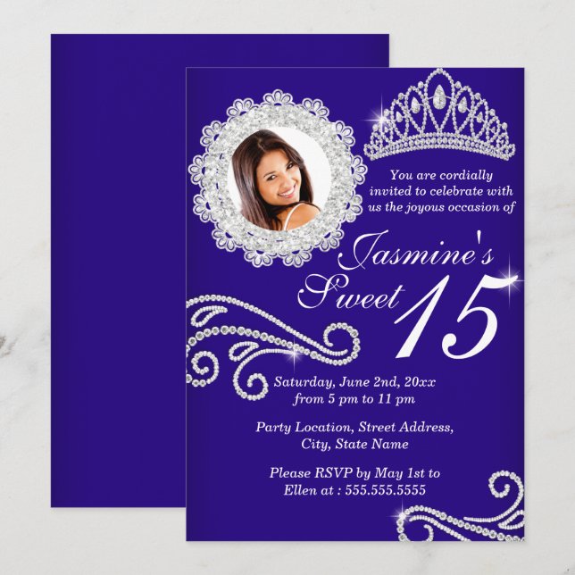 Royal Blue Sparkle Diamond Tiara Photo Quinceanera Invitation (Front/Back)