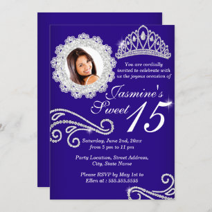 Royal Blue Sparkle Diamond Tiara Photo Quinceanera Invitation