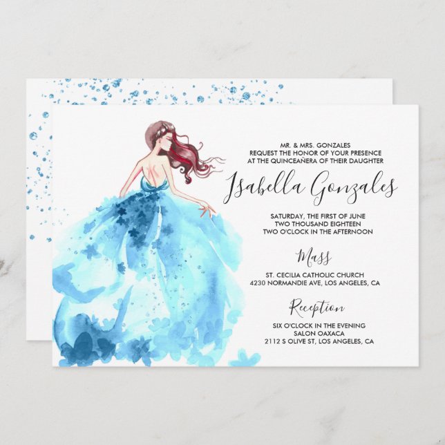 Royal Blue Sparkle Dress Quinceañera Invitation (Front/Back)