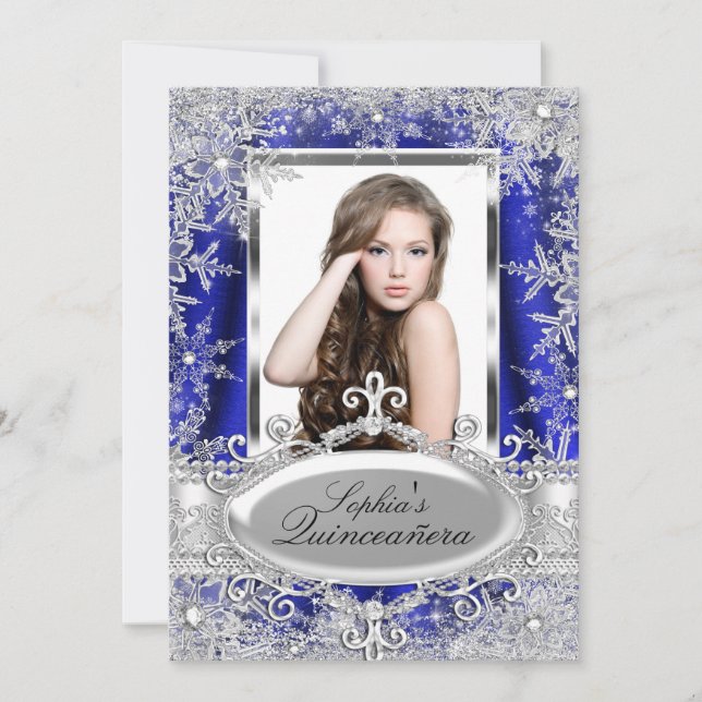Royal Blue Sparkle Jewel Snowflake Quinceanera Invitation (Front)