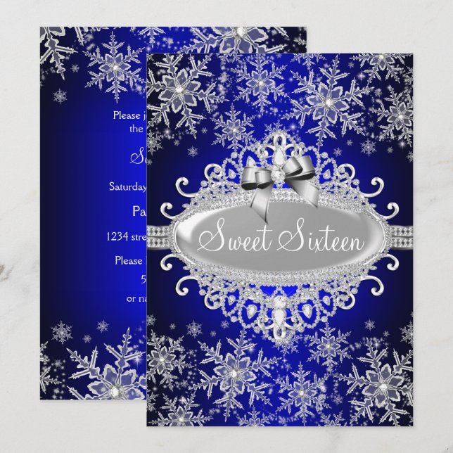 Royal Blue Sparkle Snowflake Sweet 16 Invite (Front/Back)
