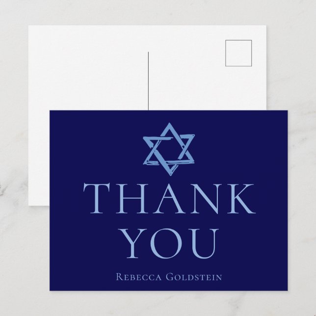 Royal Blue Star of David Bar Mitzvah Thank You Postcard (Front/Back)