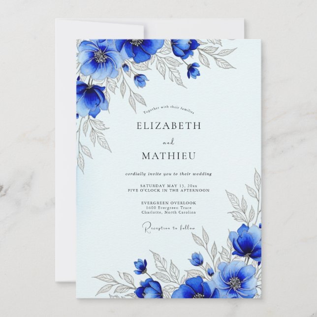 Royal Blue Striking Botanical Wedding Invitation (Front)