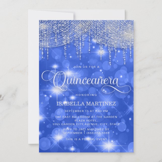 Royal Blue String Lights Sparkle Quinceañera Invitation (Front)