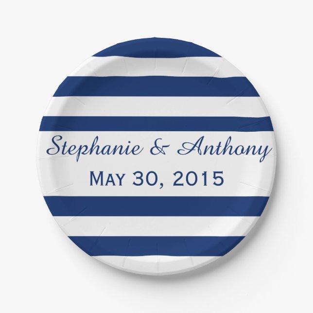 Royal Blue Striped Rehearsal Dinner Paper Plate (Front)