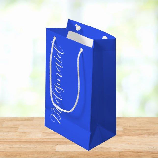 Royal Blue Stylised Script Wedding Bridesmaid Small Gift Bag (In Situ)