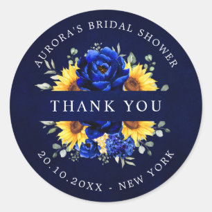 Royal Blue Sunflower Bridal shower thank you Class Classic Round Sticker