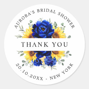 Royal Blue Sunflower Bridal shower thank you Classic Round Sticker